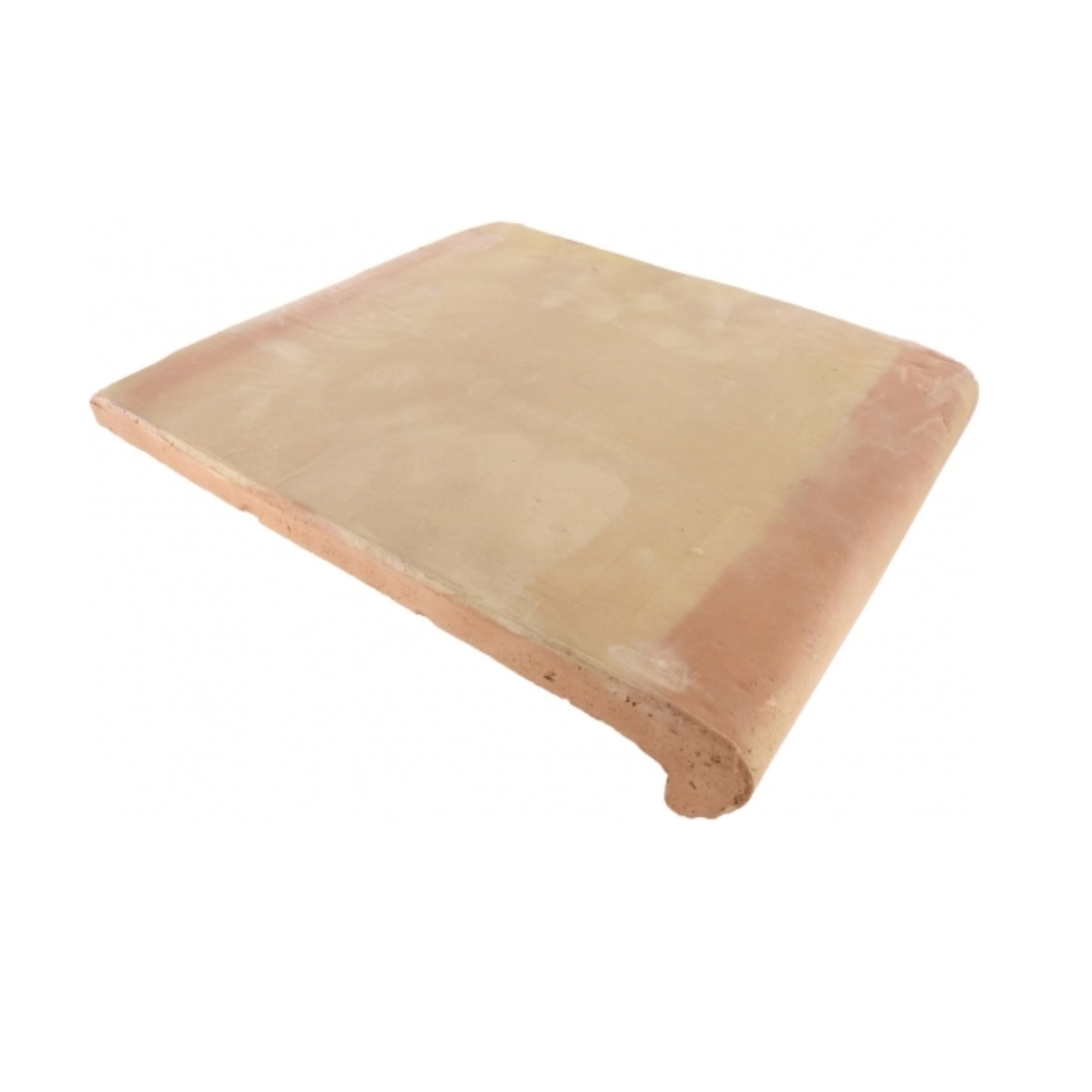 Smooth matte terracotta coping by Clay Imports, shown in an angled view with a rounded bullnose edge.