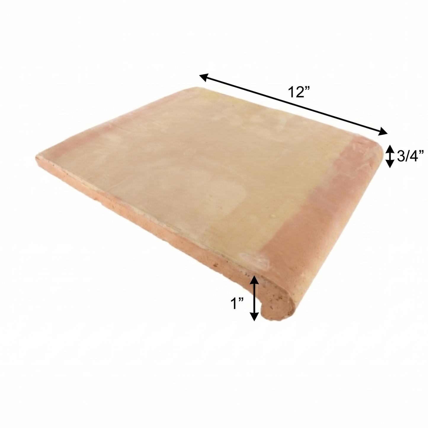 Smooth matte natural terracotta coping trim by Clay Imports, 12 inches long with a 1-inch bullnose edge and 3/4-inch thickness.