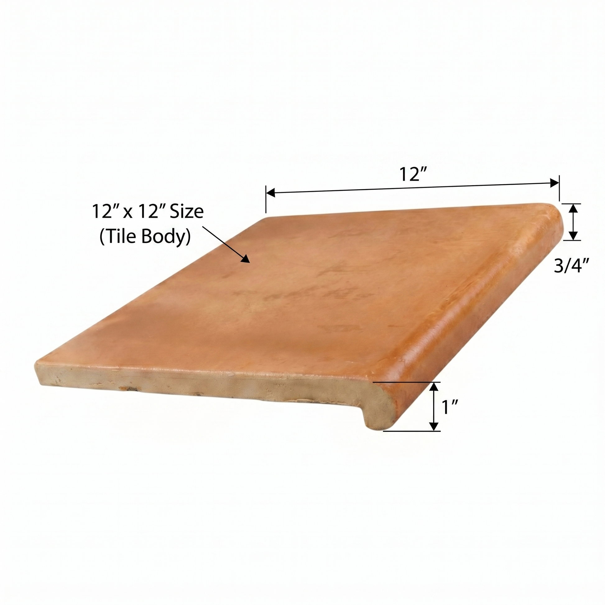 Natural terracotta smooth gloss coping tile by Clay Imports, 12x12 size, showing 3/4-inch rise and 1-inch drop, angled on white.