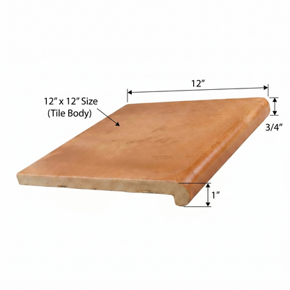 Natural terracotta smooth gloss coping tile by Clay Imports, 12x12 size, showing 3/4-inch rise and 1-inch drop, angled on white.