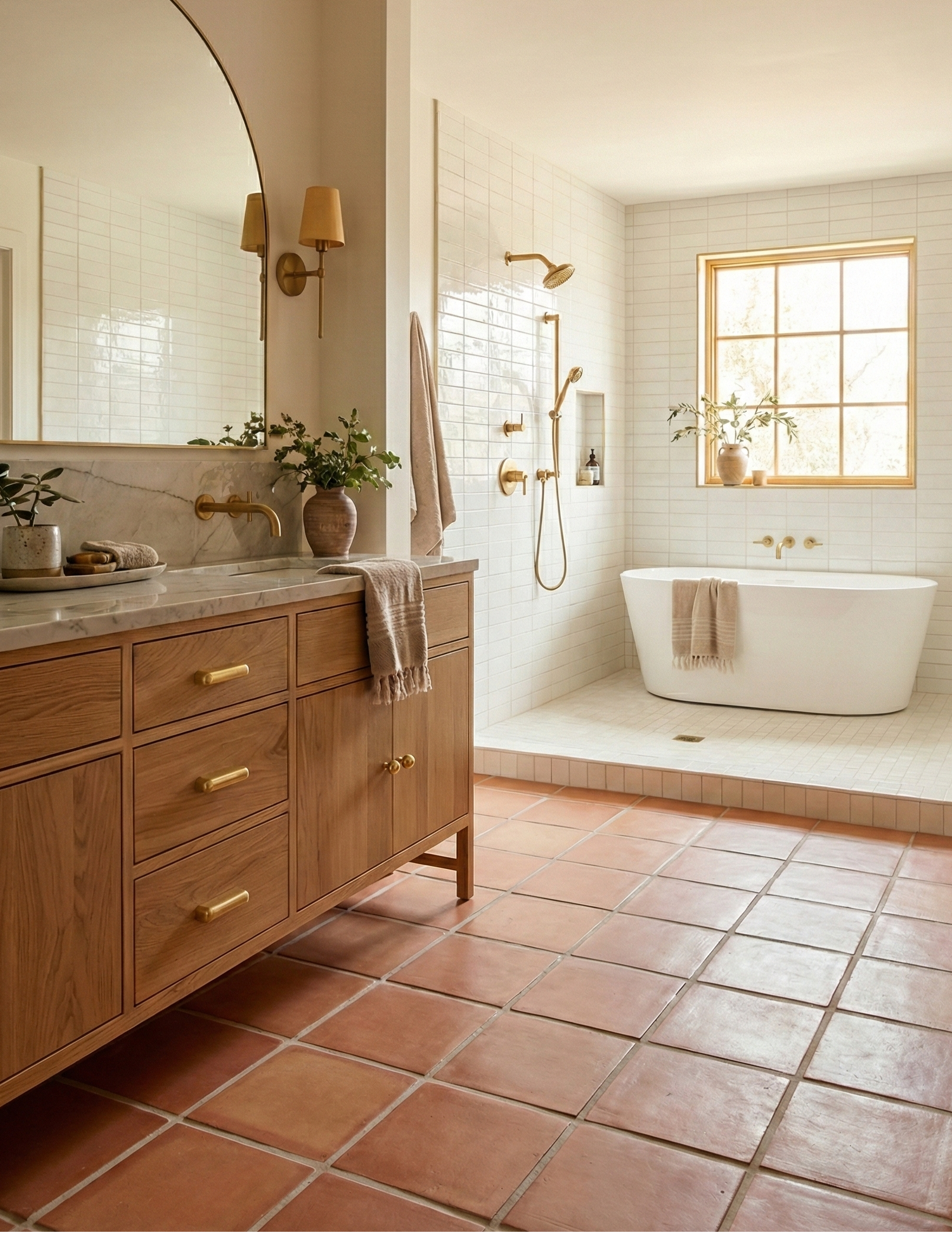 Square terracotta tile by Clay Imports in a natural reddish-brown hue, laid on a bathroom floor with light grout.