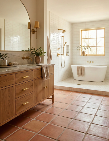 Square terracotta tile by Clay Imports in a natural reddish-brown hue, laid on a bathroom floor with light grout.