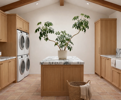 Rustic red square 12x12x3/4 Terracotta Paver by Clay Imports Pavers on a laundry room floor with wood cabinets.
