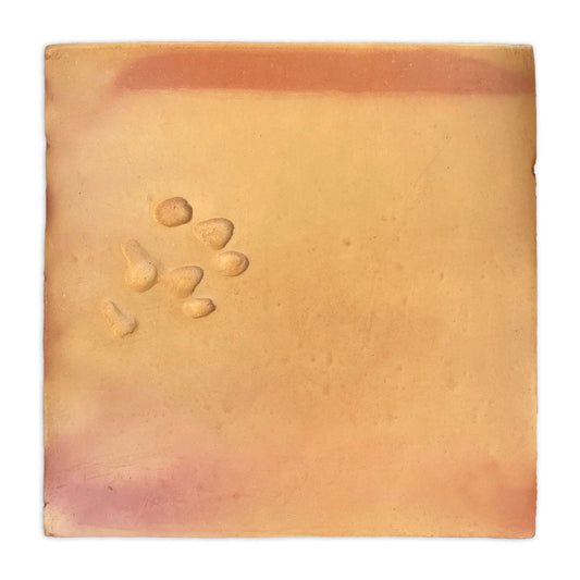 Yellowish-orange smooth satin sample tile by Clay Imports with reddish edges and raised pebble-like shapes.