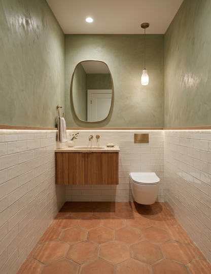 Modern bathroom with green plaster walls, wooden vanity, and cotto terracotta tiles.
