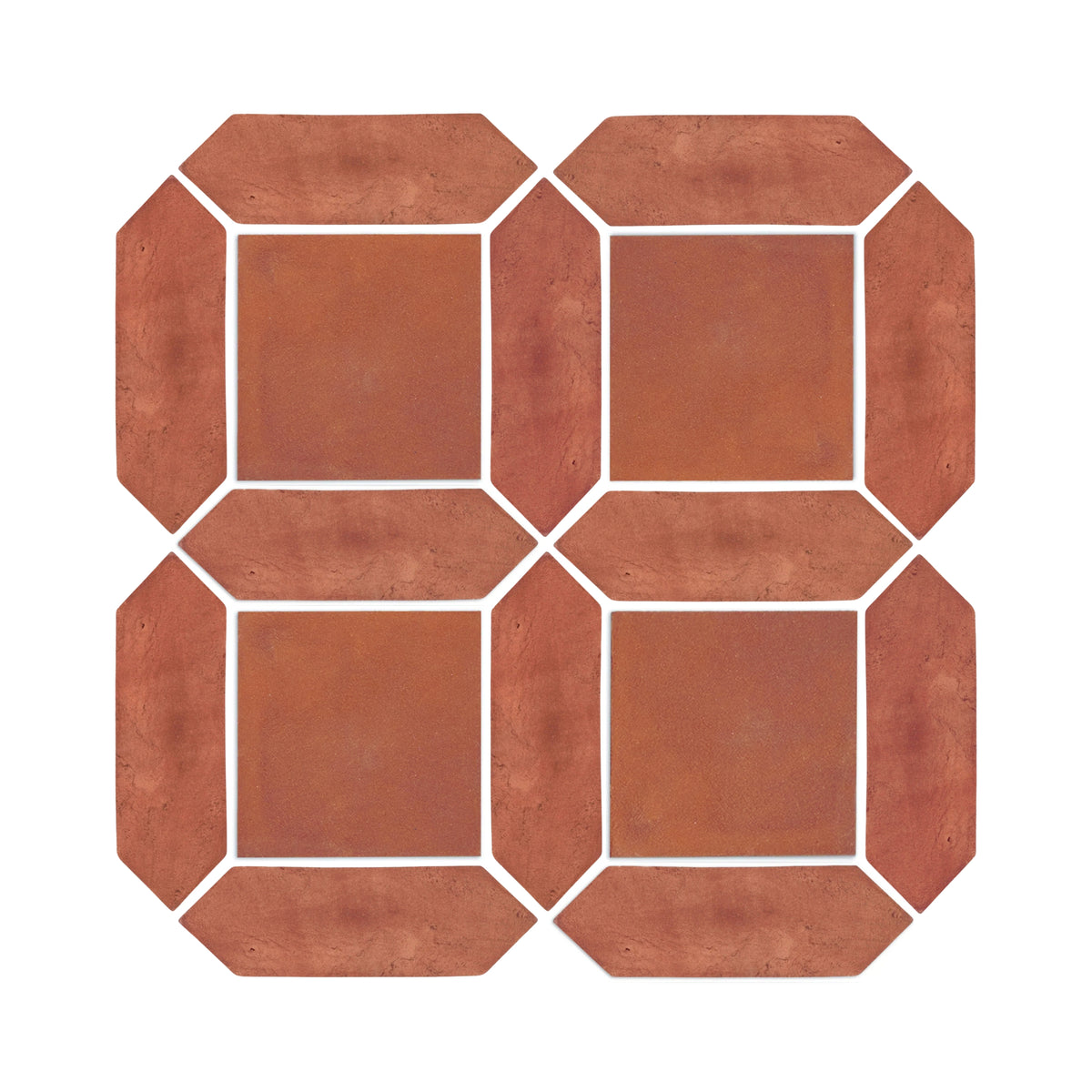 Reddish-brown Cotto Tierra patterned tiles by Clay Imports, featuring square and picket shapes with white grout.