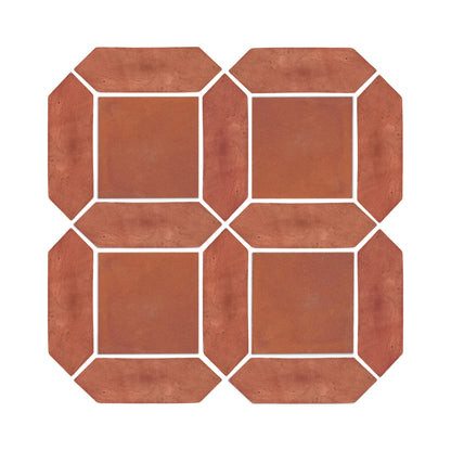 Reddish-brown Cotto Tierra patterned tiles by Clay Imports, featuring square and picket shapes with white grout.
