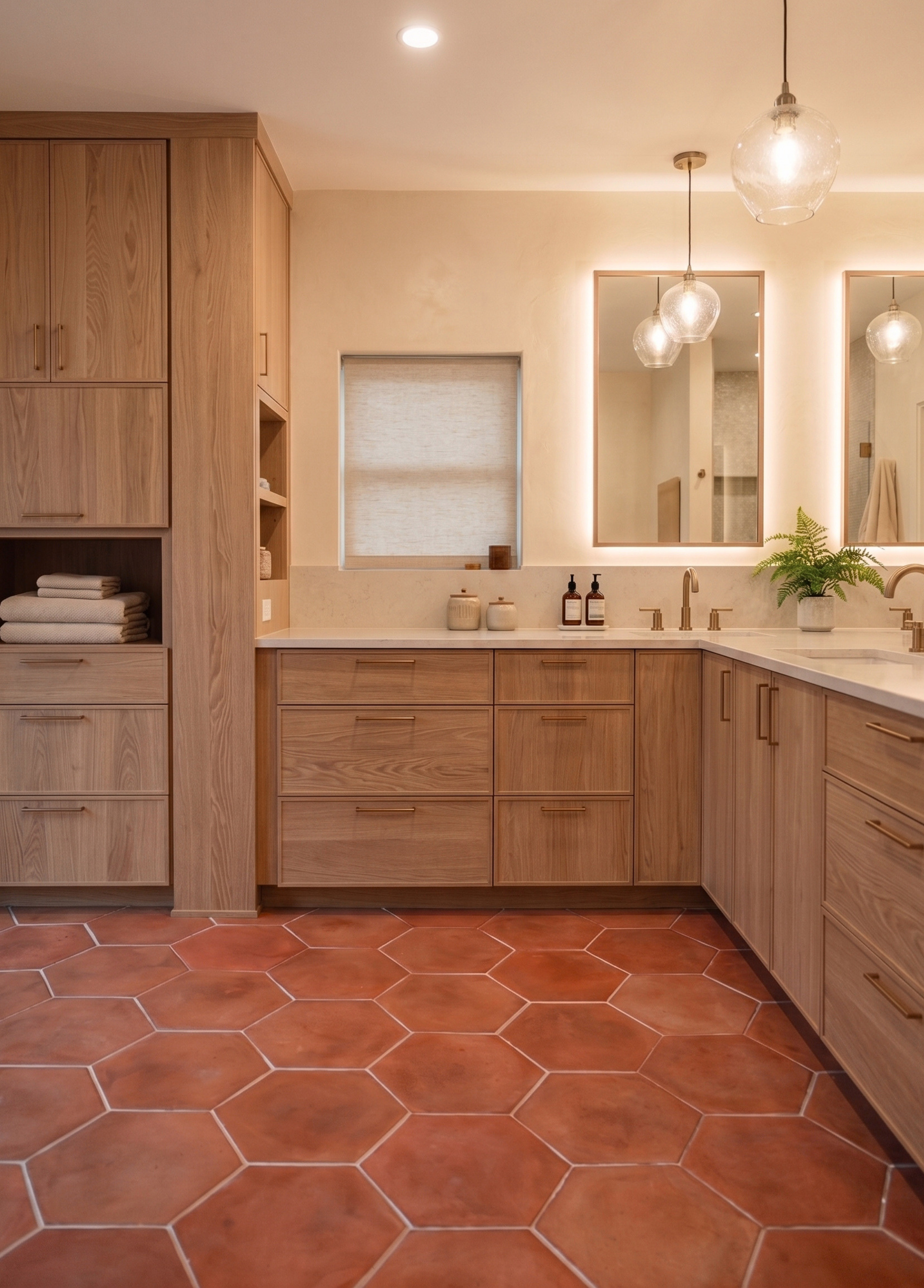 A modern bathroom interior with light oak wood cabinetry, white countertops, hexagonal terracotta floor tiles, and two illuminated mirrors with hanging glass pendant lights.