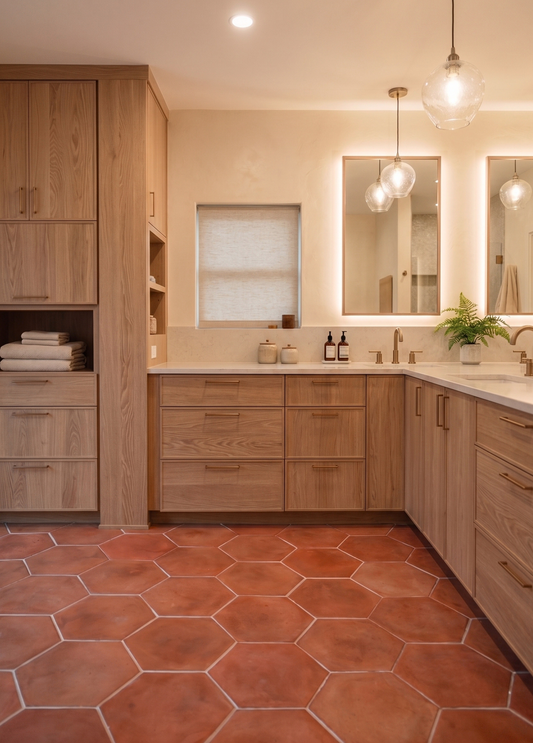 A modern bathroom interior with light oak wood cabinetry, white countertops, hexagonal terracotta floor tiles, and two illuminated mirrors with hanging glass pendant lights.