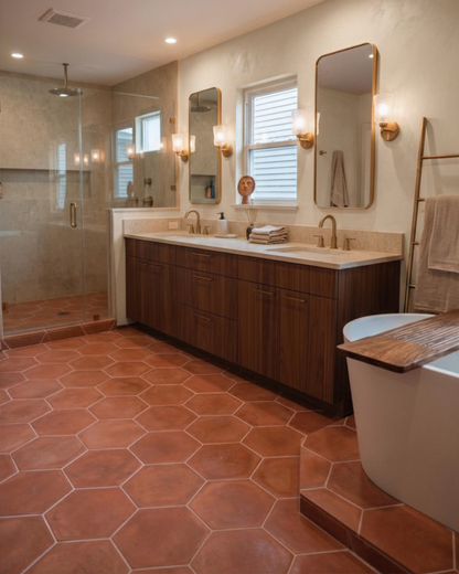 A luxury bathroom interior featuring a long double-sink vanity with dark wood cabinets, terracotta hexagonal floor tiles, a glass walk-in shower, and a freestanding white bathtub with a wood accent.
