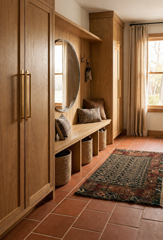Wooden hallway with built-in storage, mirror, and seating area.