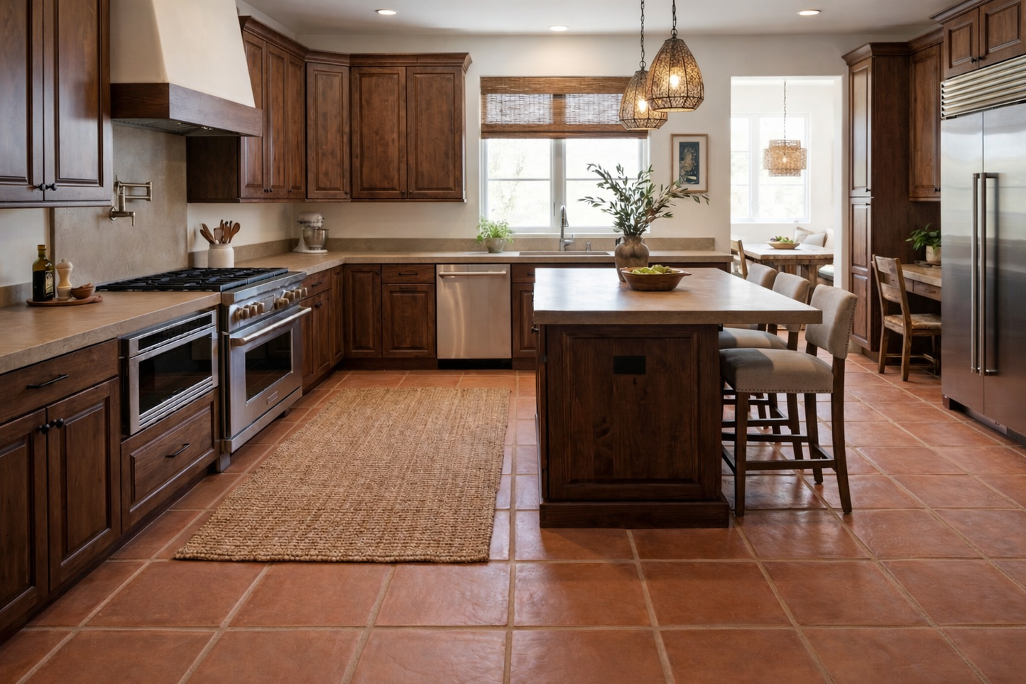 Baked Thin Terracotta Paver 16x16 by Clay Imports, reddish-brown tiles with a textured surface on a kitchen floor.