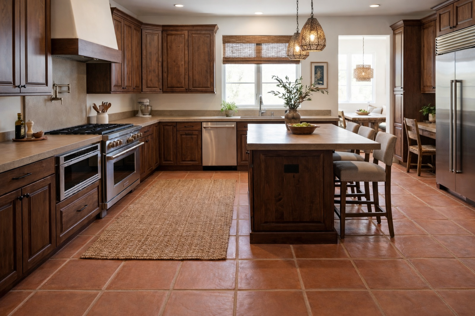 Baked Thin Terracotta Paver 16x16 by Clay Imports, reddish-brown tiles with a textured surface on a kitchen floor.