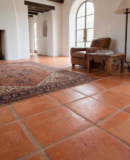 Terracotta clay tile flooring in a rustic, sunlit room with a brown leather armchair, a carved wooden side table, and a traditional patterned oriental rug.