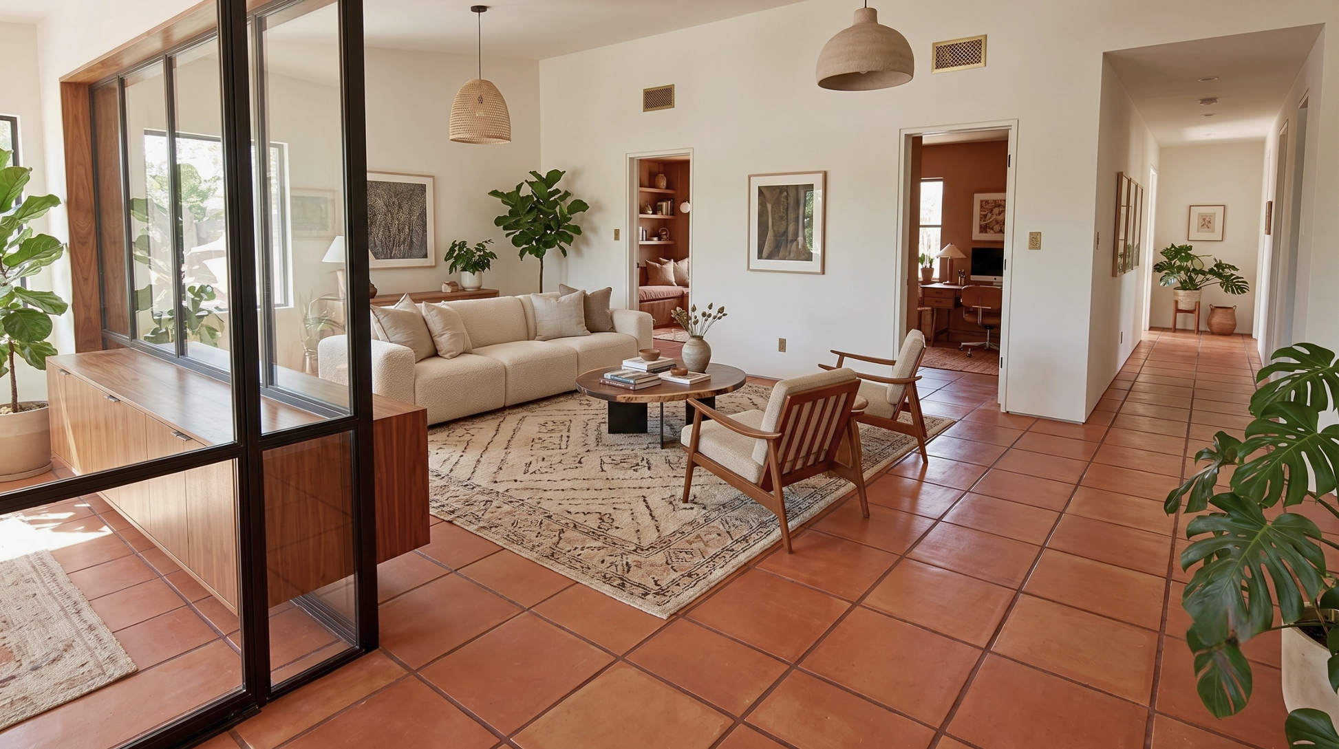 A bright, modern living room with terracotta tile floors, a beige sofa, a patterned area rug, wooden chairs, and several potted plants. Large black-framed glass doors on the left separate the room from an outdoor patio area.