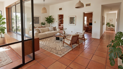 A bright, modern living room with terracotta tile floors, a beige sofa, a patterned area rug, wooden chairs, and several potted plants. Large black-framed glass doors on the left separate the room from an outdoor patio area.