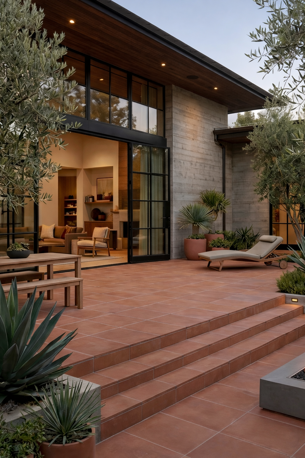 Earthy red 16x16 Baked Thin Terracotta Pavers by Clay Imports installed on a spacious outdoor patio with steps.