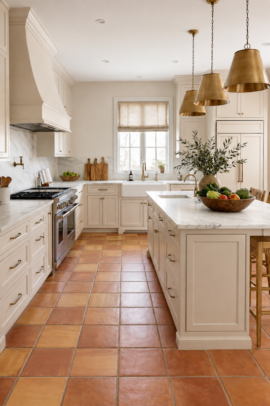 A bright, modern kitchen featuring cream-colored cabinets, terracotta tile floors, a marble island, and three brass pendant lights.