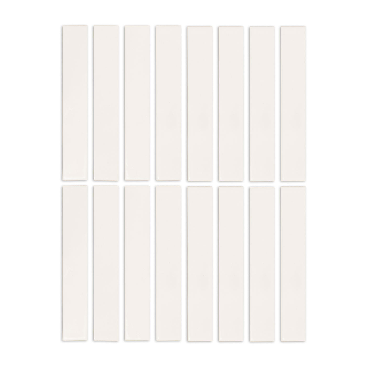 White glossy 2x12 solid tiles by Clay Imports, arranged in two rows.