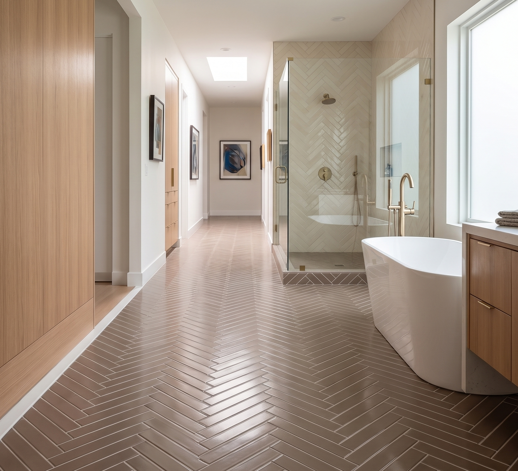 Fossil Gloss 2x12 Solid Tile by Clay Imports, laid in a herringbone pattern on a sleek bathroom floor.