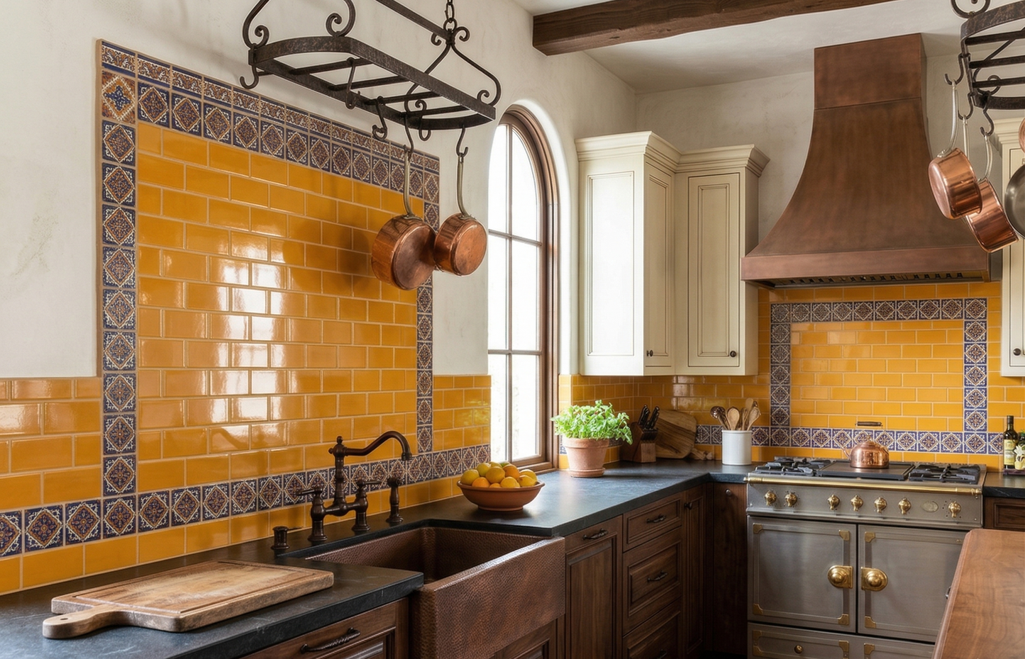 Mango glossy subway clay tile by Clay Imports, installed as a kitchen backsplash with blue patterned border.