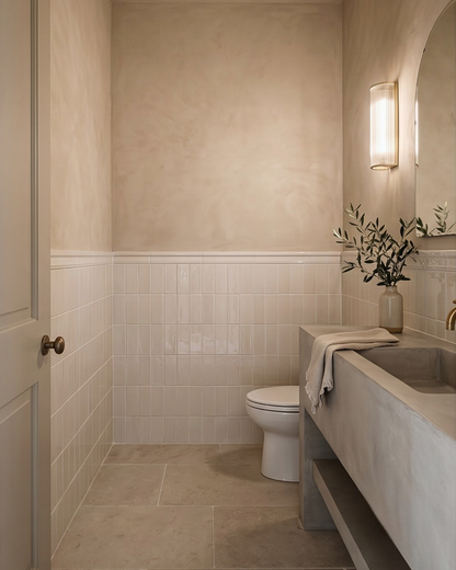 Modern bathroom with beige tiles, a toilet, and a sink.