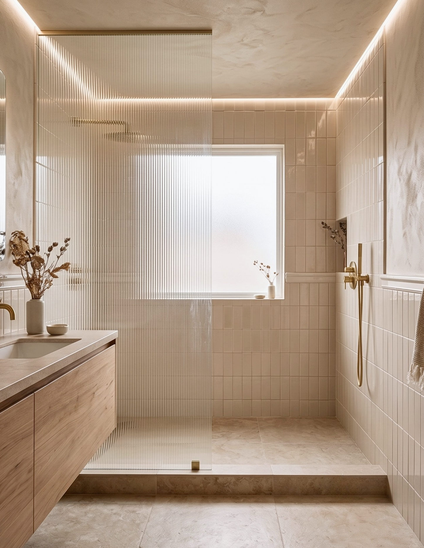 Modern bathroom with beige tiles, wooden vanity, and a window.
