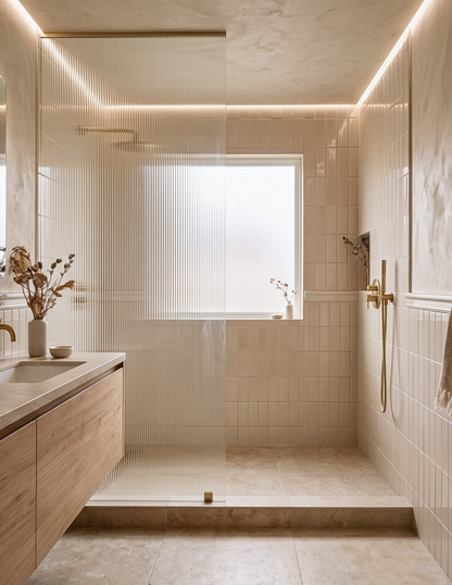Modern bathroom with beige tiles, wooden vanity, and a window.