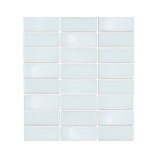 Glossy light blue-green subway tiles by Clay Imports, arranged in a classic offset pattern.