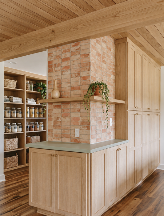 A kitchen interior featuring light natural wood cabinetry, a brick backsplash, a sage green countertop, and wood flooring. Shelves on the left hold neatly arranged jars and baskets.