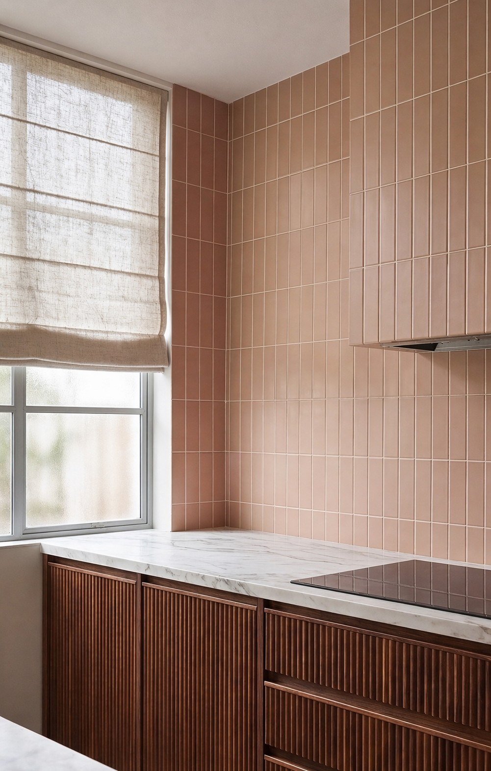 Opaque 2x8 dusty rose clay tiles by Clay Imports arranged vertically on a kitchen backsplash and wall.