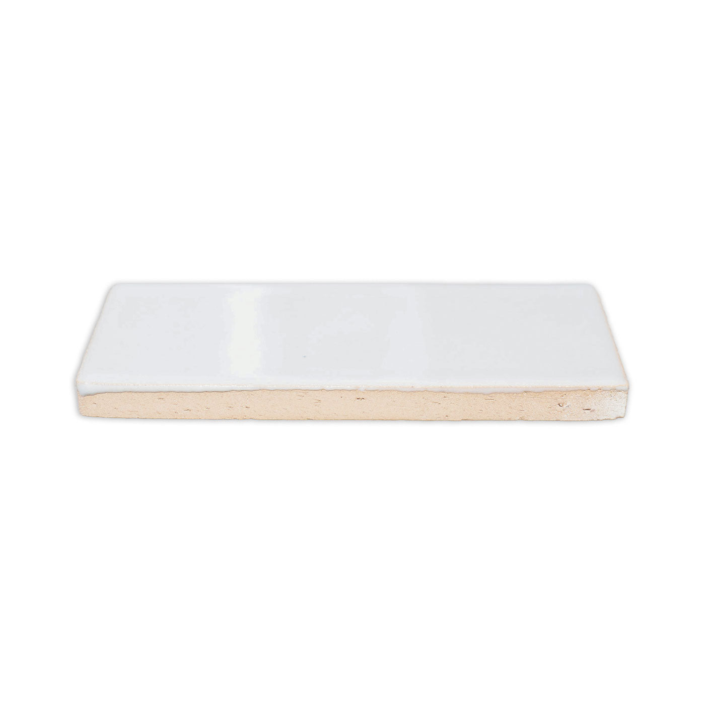 Rectangular Moonstone Gloss tile sample from Clay Imports, showing its shiny white top and beige bisque side.