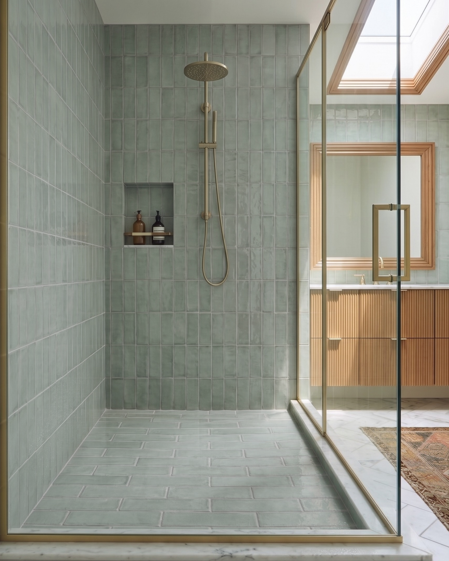 Light green glossy rectangular tiles by Clay Imports installed vertically on shower walls and in a running bond pattern on the floor.