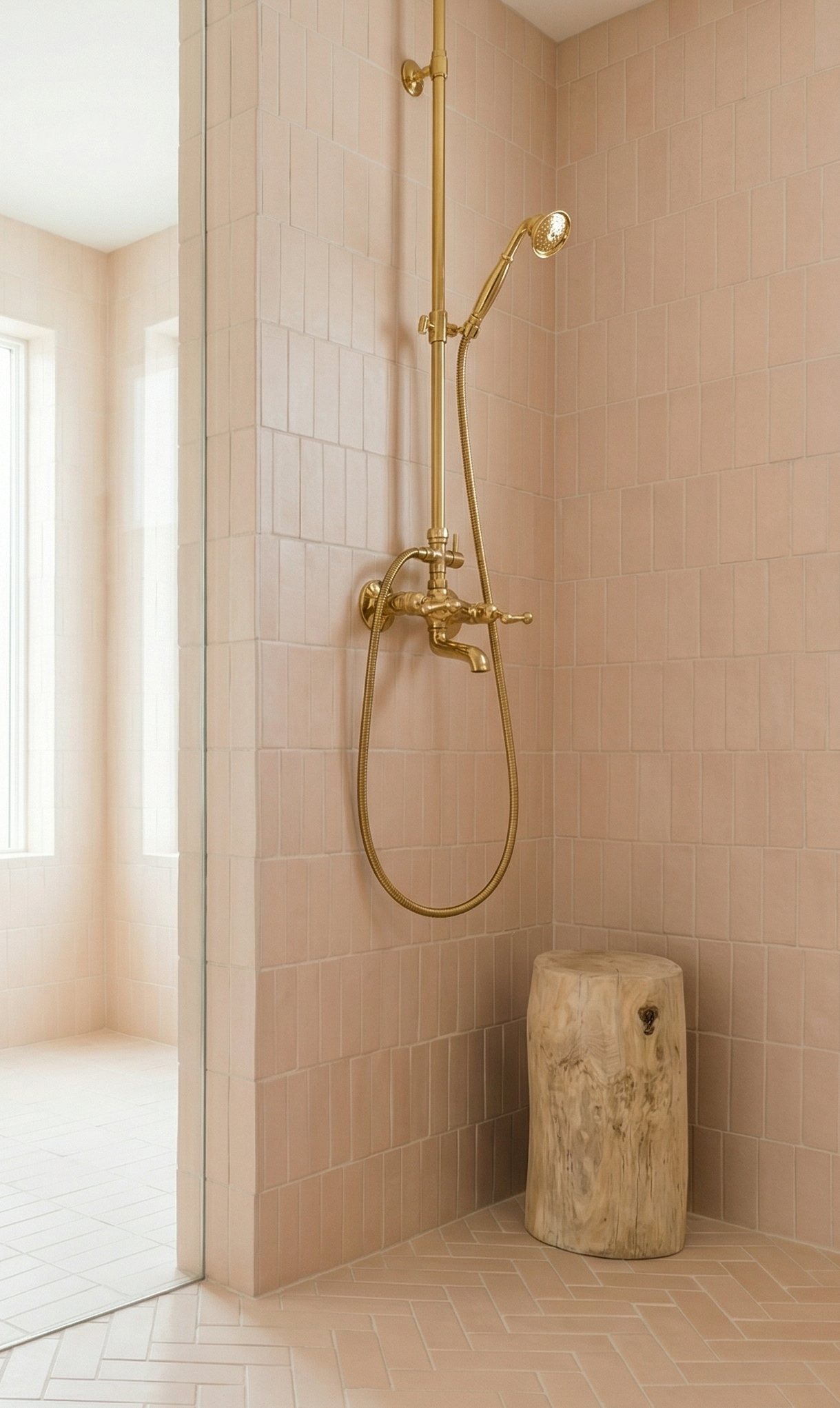 Straw Hat Matte 2x6 subway tiles by Clay Imports, vertically stacked on shower walls and in herringbone on the floor.