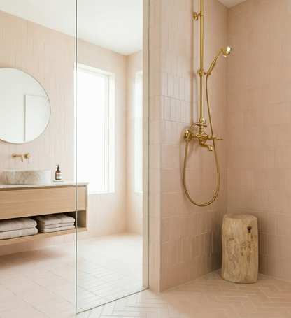 Matte 2x6 Straw Hat ceramic wall tiles by Clay Imports, laid vertically in a stack bond pattern in a modern bathroom.