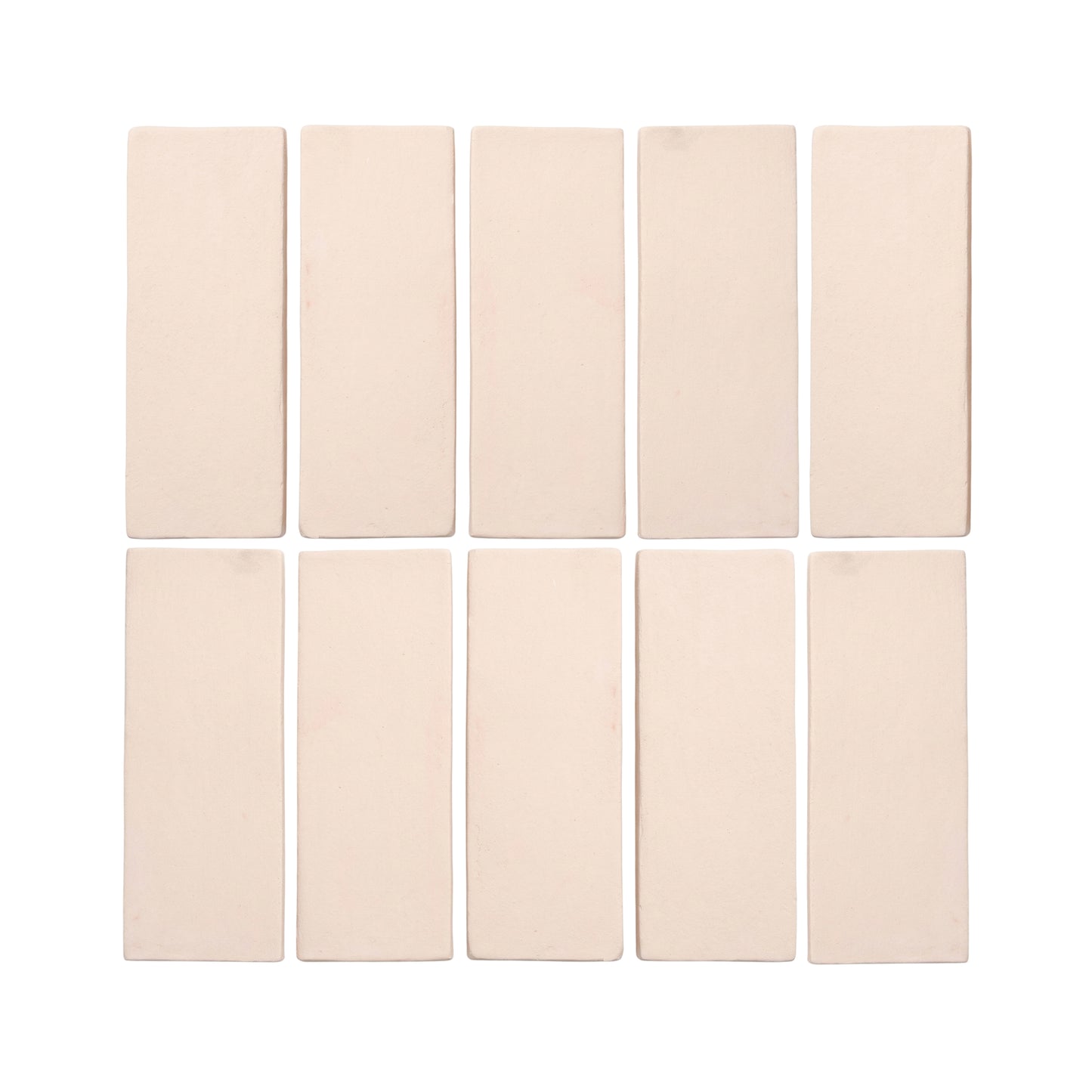 Matte light beige rectangular ceramic tiles by Clay Imports, arranged in two rows of five on a white background.