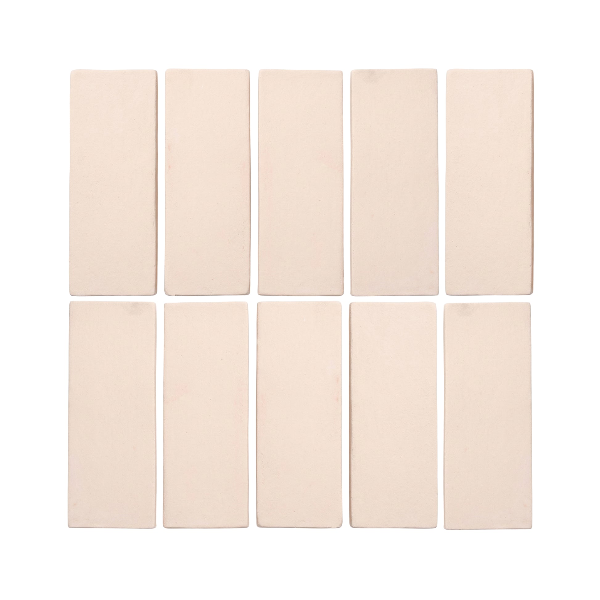Matte light beige rectangular ceramic tiles by Clay Imports, arranged in two rows of five on a white background.