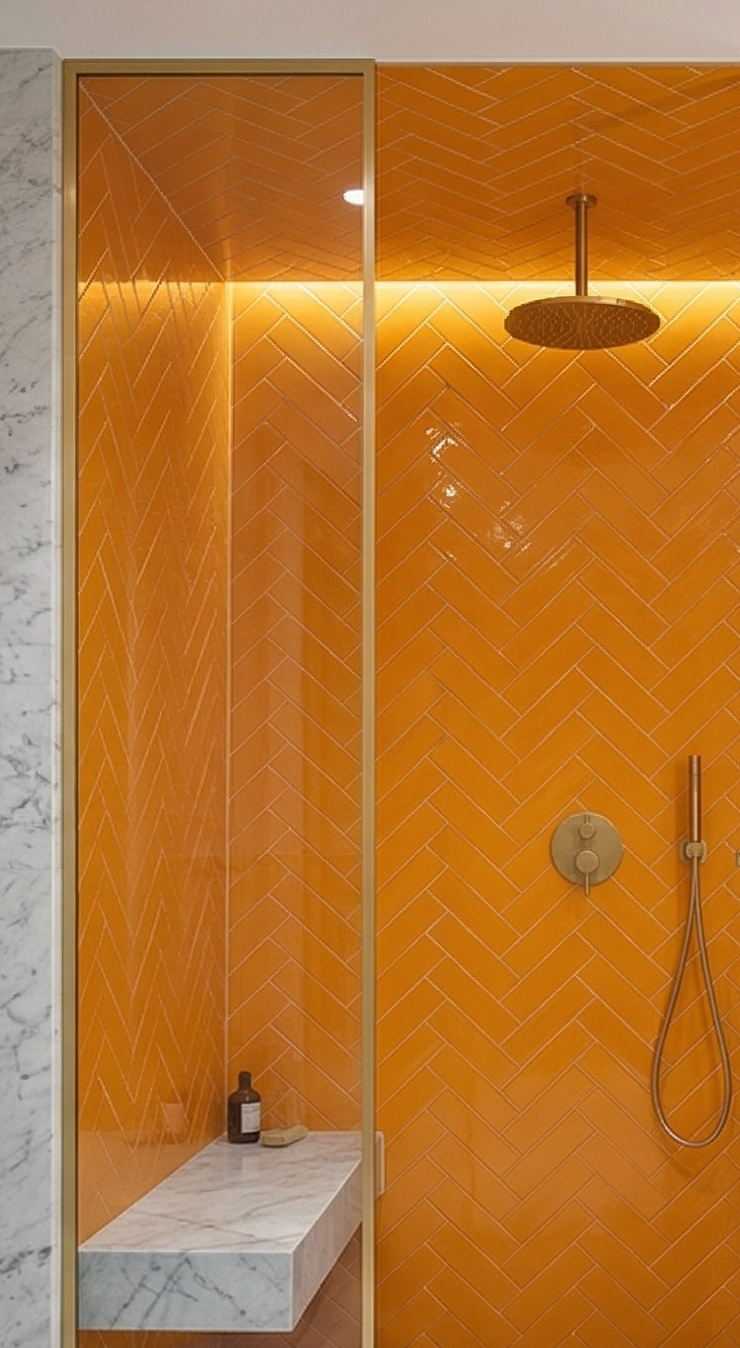 Marigold solid tile by Clay Imports in a glossy herringbone pattern, installed in a modern shower with gold fixtures and a marble bench.