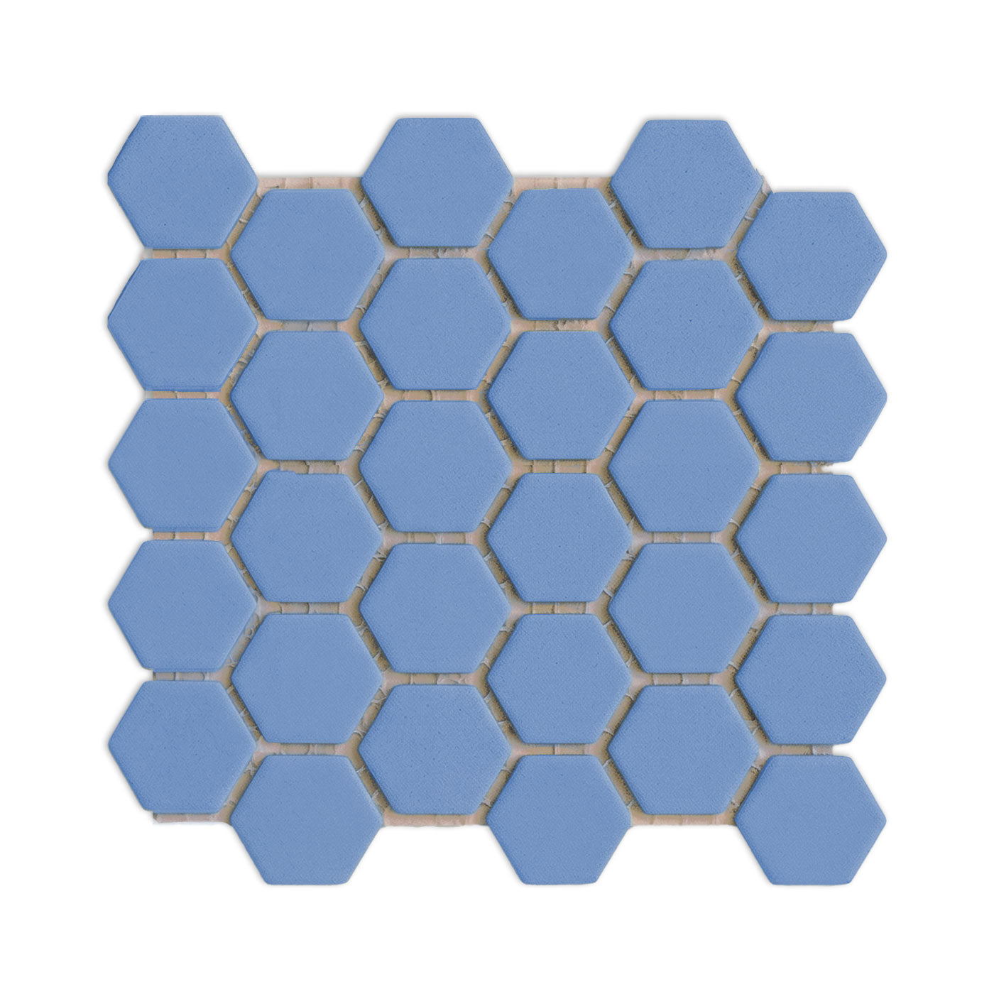 Denim blue hexagon clay tile by Clay Imports, arranged in a meshed pattern with white grout lines on a white background.