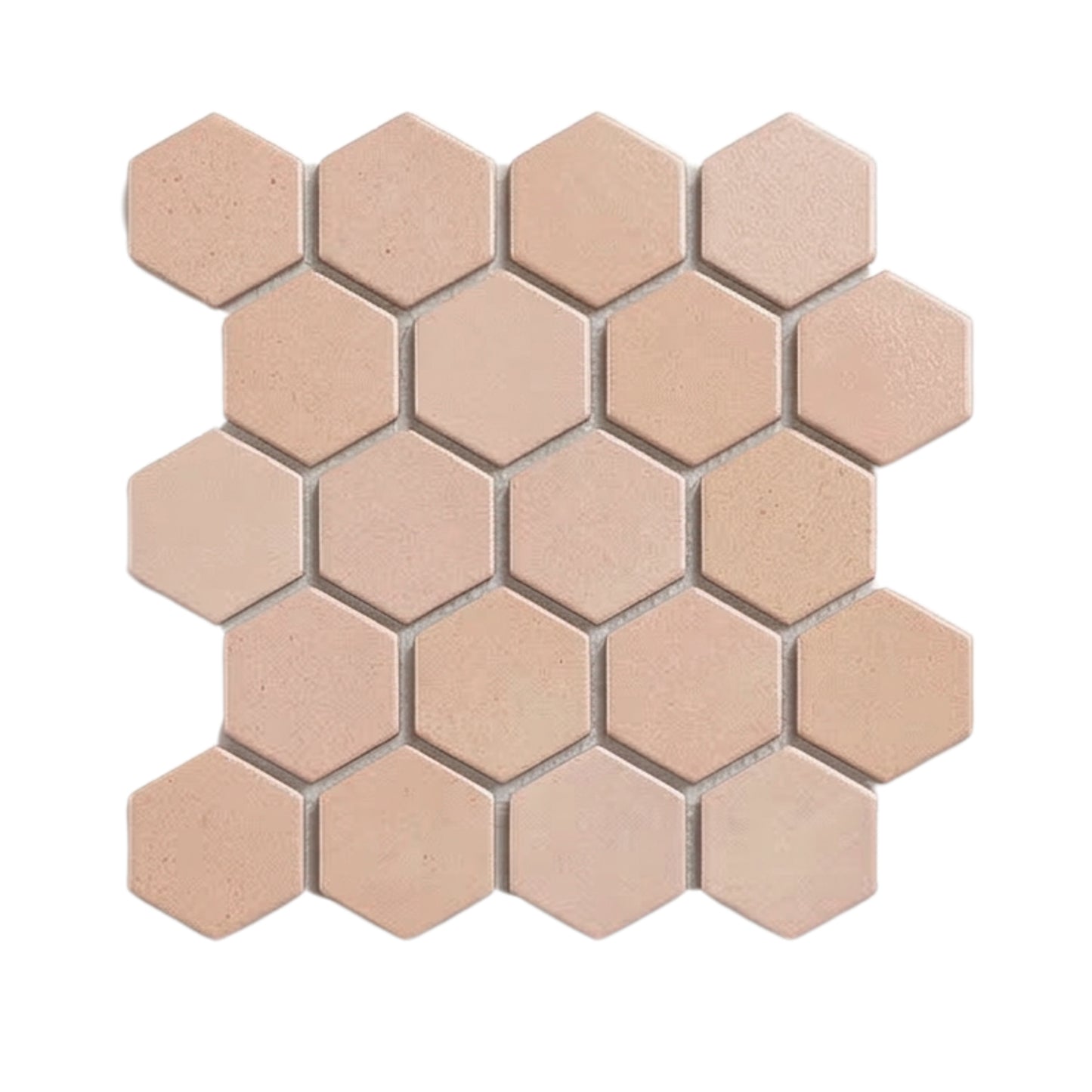 Opaque hexagon meshed clay tiles in light peach-beige by Clay Imports, displaying textured surfaces and light gray grout.