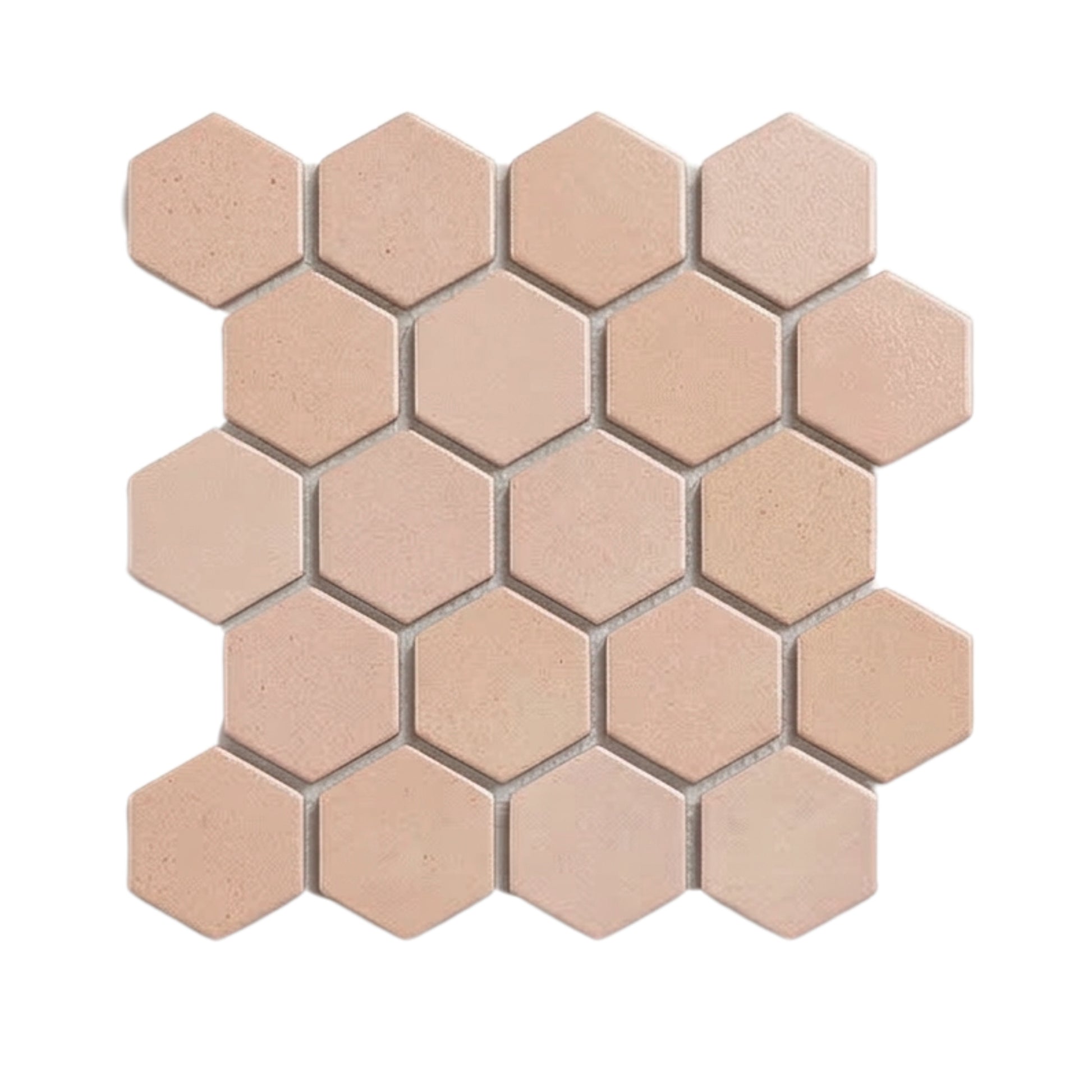 Opaque hexagon meshed clay tiles in light peach-beige by Clay Imports, displaying textured surfaces and light gray grout.