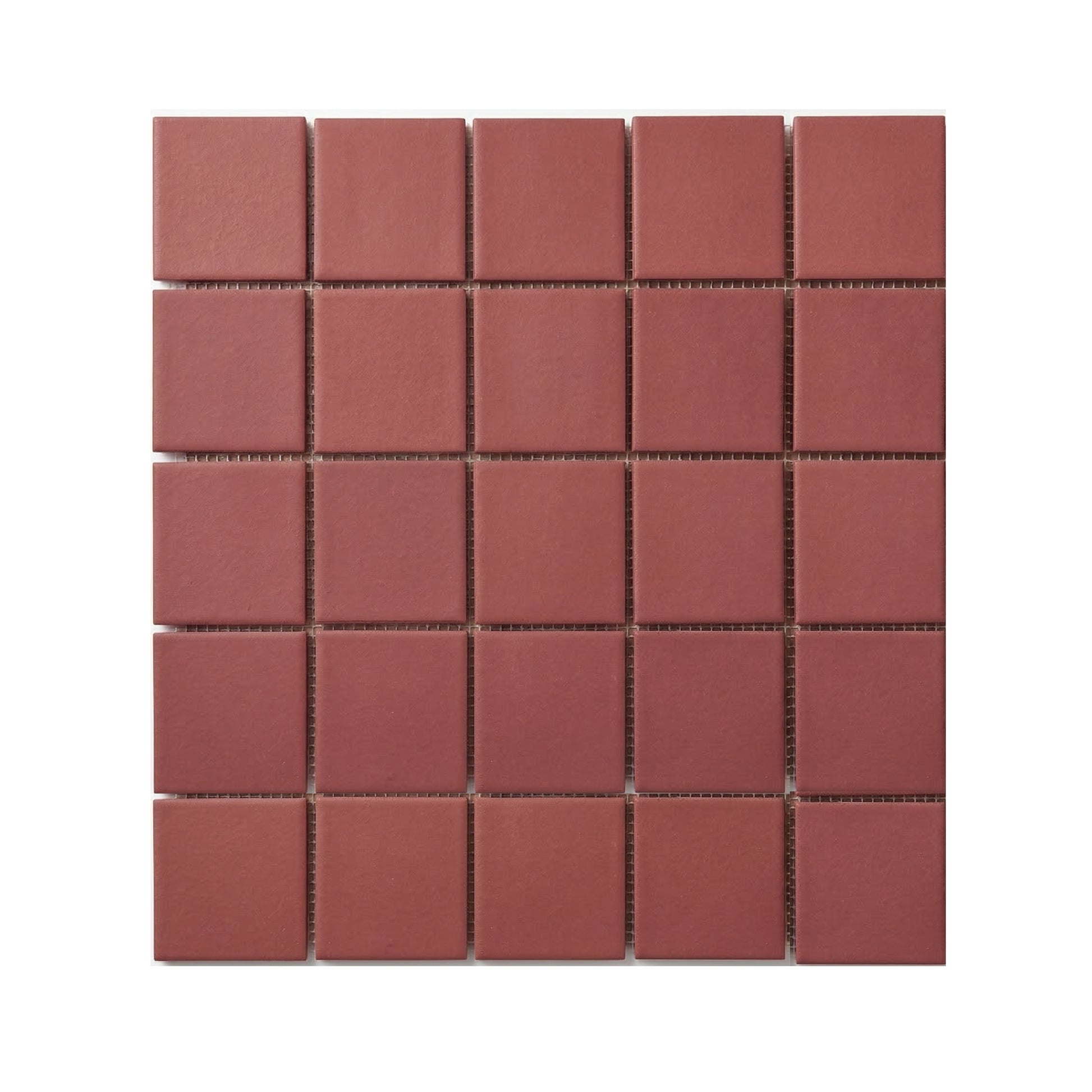 Dusk reddish-brown 2x2 meshed clay tiles by Clay Imports, showing a matte texture.