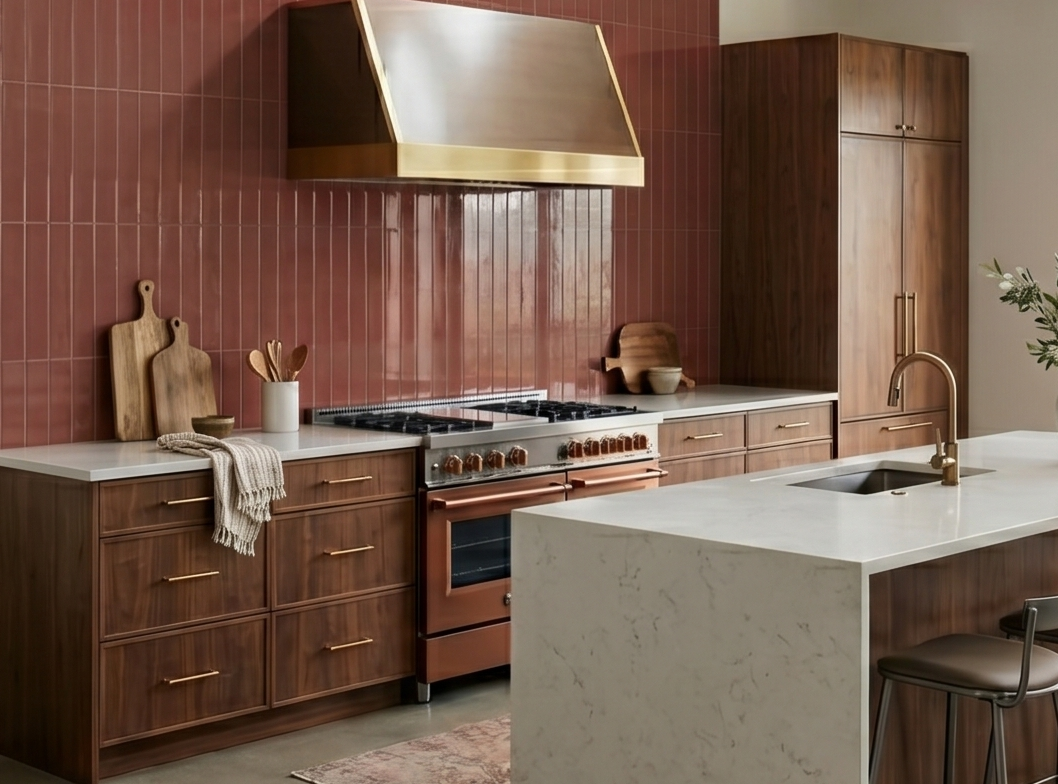Burgundy Gloss 2x12 Solid Tile by Clay Imports, installed as a glossy vertical backsplash in a modern kitchen.