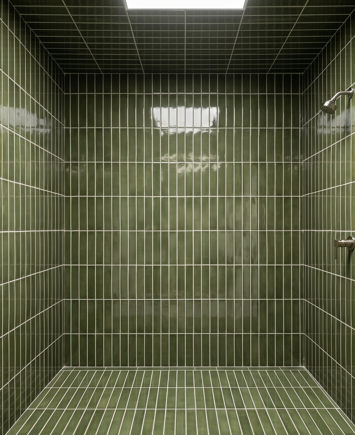 A walk-in shower stall with glossy olive green rectangular wall and floor tiles, white grout lines, a chrome shower head on the right, and a rectangular light fixture on the ceiling.