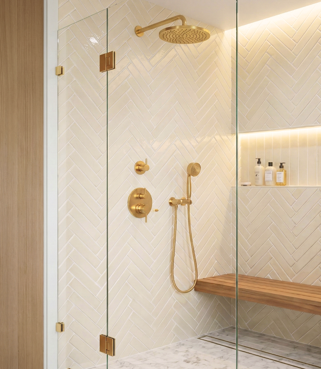 Fossil Gloss 2x12 Solid Tile by Clay Imports, light beige glossy herringbone pattern on a shower wall with gold fixtures and wooden bench.