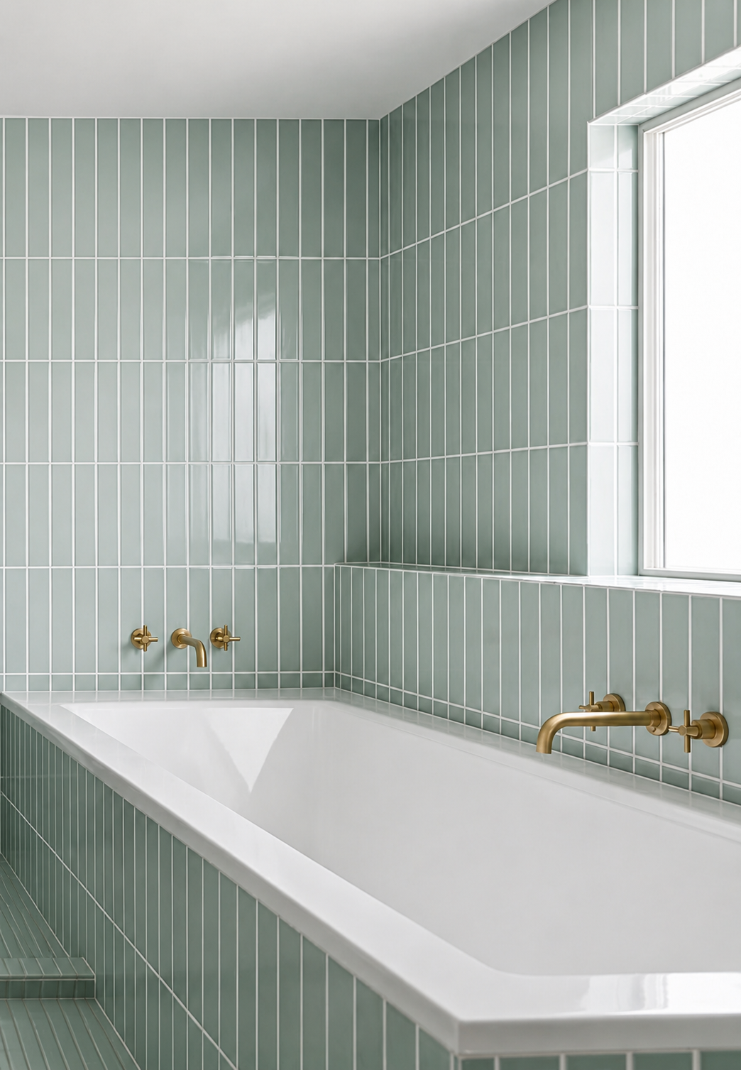 Glossy mint green vertical 2x12 tile by Clay Imports on bathroom walls with a white tub and brass fixtures.