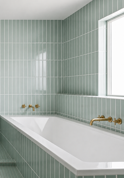 Glossy mint green vertical 2x12 tile by Clay Imports on bathroom walls with a white tub and brass fixtures.
