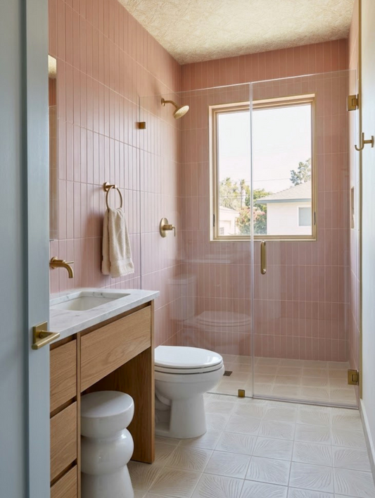 A modern bathroom interior with pink tiled walls, a glass shower enclosure, white toilet, light wood vanity, and brass fixtures.
