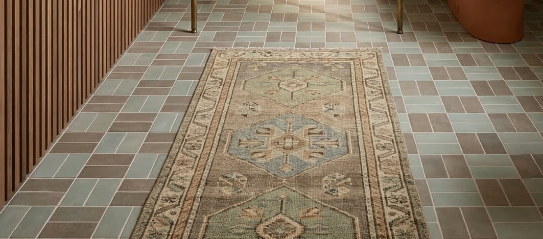 Agave clay floor tiles by Clay Imports, in muted green and brown geometric pattern, with a patterned runner rug.