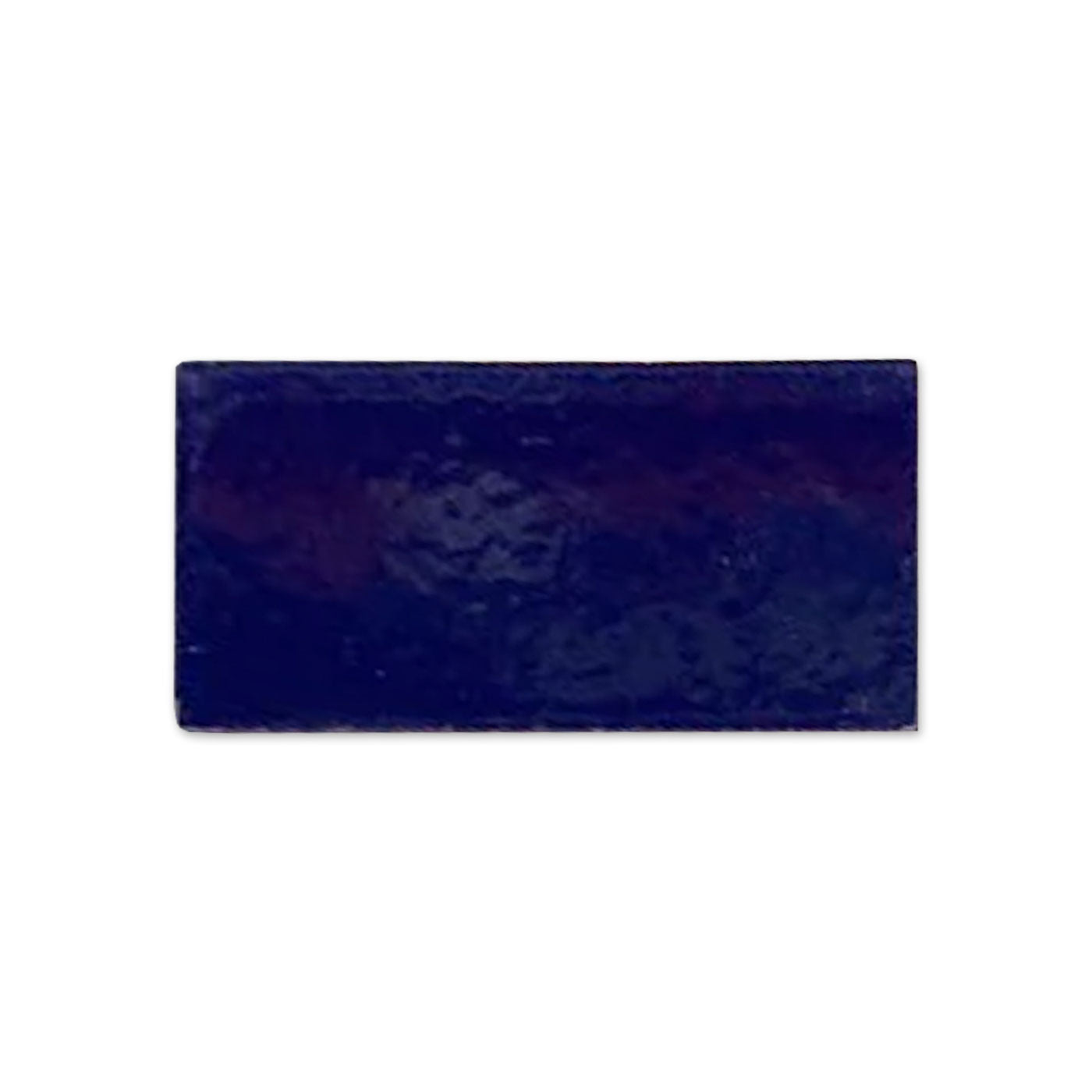 Dark blue glossy rectangular sample tile by Clay Imports, featuring an uneven texture and reflective surface.